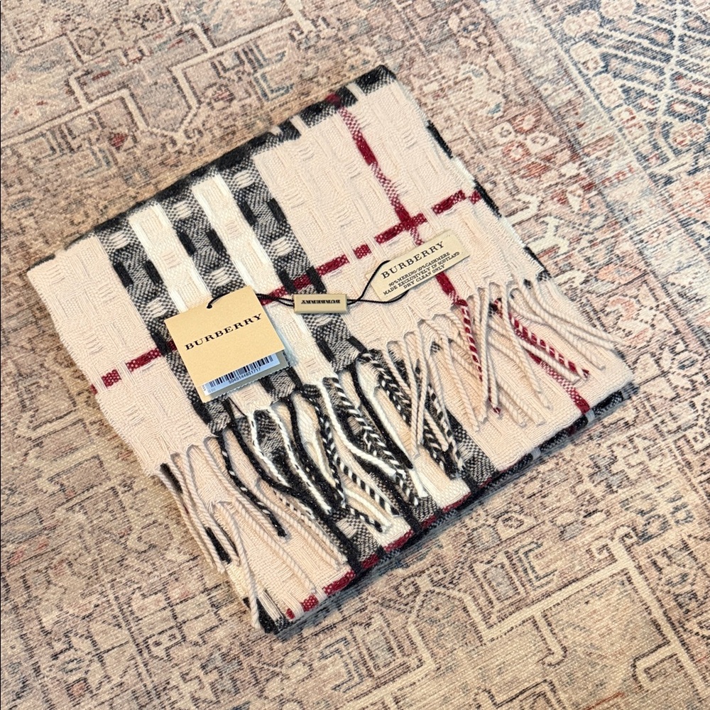 Burberry Beige and Black Check Scarf with Fringe